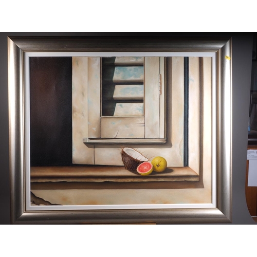 488 - J A: oil on canvas, study of a louvred door, sill and still life fruit with applied coconut hair det... 