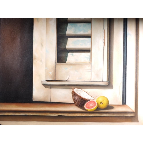 488 - J A: oil on canvas, study of a louvred door, sill and still life fruit with applied coconut hair det... 