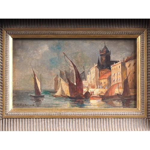 489 - A 19th century Continental oil on mahogany panel, Mediterranean harbour scene with church tower, ind... 