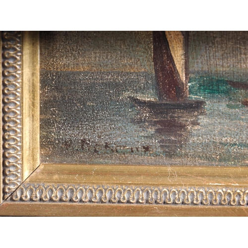 489 - A 19th century Continental oil on mahogany panel, Mediterranean harbour scene with church tower, ind... 