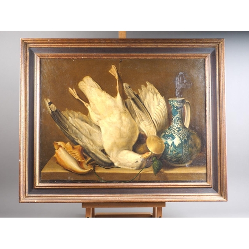 490 - A 19th century? oil on canvas, still life with gull and Chinese ewer, 18 1/2