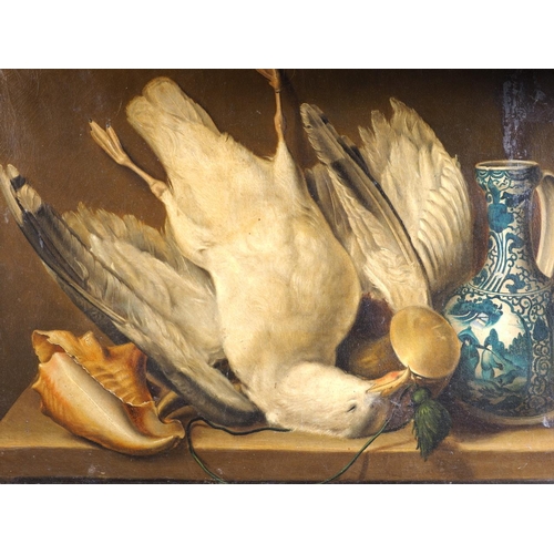 490 - A 19th century? oil on canvas, still life with gull and Chinese ewer, 18 1/2