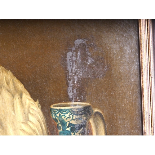 490 - A 19th century? oil on canvas, still life with gull and Chinese ewer, 18 1/2