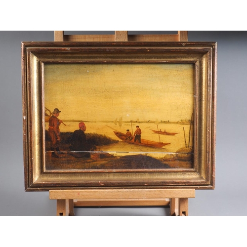 493 - A 19th century Continental oil on oak panel, riverside scene, 9