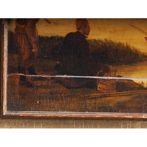 493 - A 19th century Continental oil on oak panel, riverside scene, 9