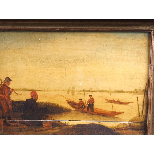 493 - A 19th century Continental oil on oak panel, riverside scene, 9