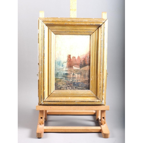 493 - A 19th century Continental oil on oak panel, riverside scene, 9