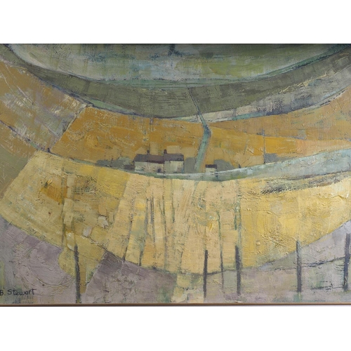 494 - Barbara Stewart: oil on board, abstract landscape with houses, 17