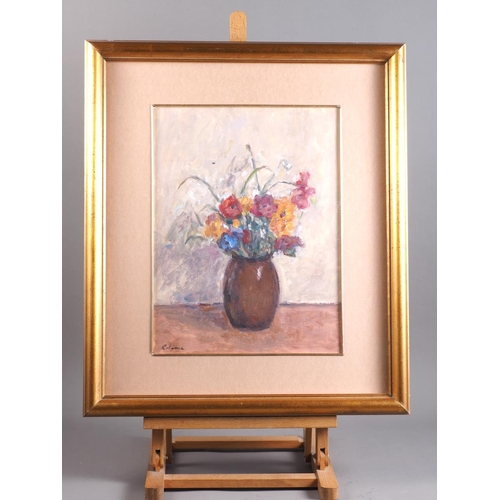 496 - Coloma?: oil on canvas laid board, vase of flowers, 16