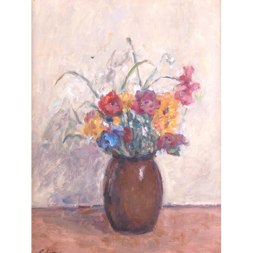 496 - Coloma?: oil on canvas laid board, vase of flowers, 16