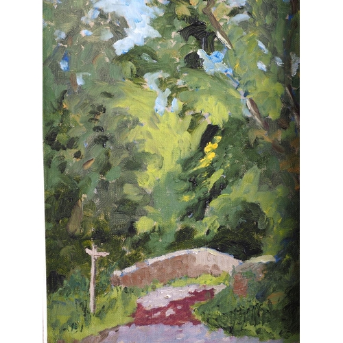 497 - D L Gomme?: oil on board, landscape with track and road sign, 14