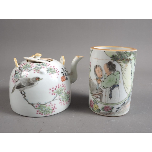 86 - A Chinese porcelain teapot, decorated landscape and script, 4