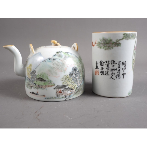 86 - A Chinese porcelain teapot, decorated landscape and script, 4