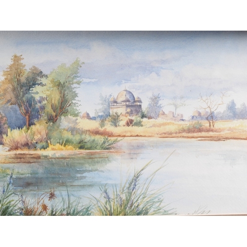 467 - A mid 20th century watercolour, Ravi River? with palace, 9 1/2