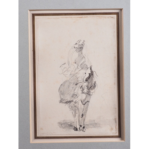 477 - Early follower of Tiepolo: 18th century pen and wash sketch of a woman on a horse, 8 1/4