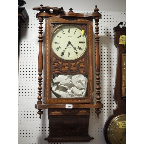 148 - A late Victorian walnut and inlaid drop dial wall clock with cream painted dial and Roman numerals f... 