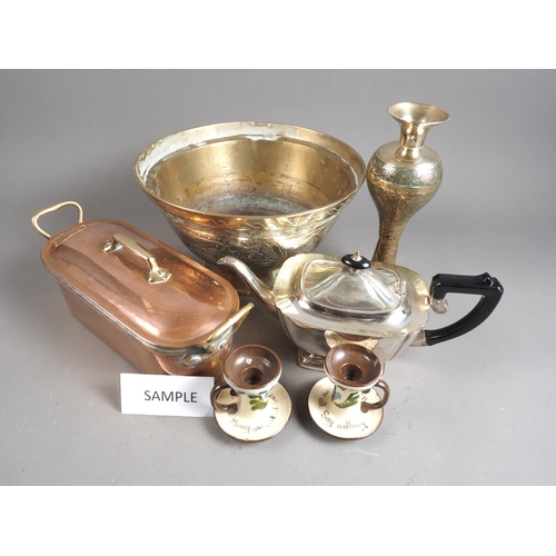 167 - A Chinese cast brass punch bowl, a silver plated teapot, other metal wares, a pair of Torquay 