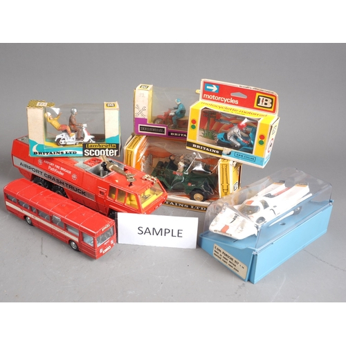 196 - A collection of Dinky and other die-cast models, including two Britains motorcycles, a scooter and a... 