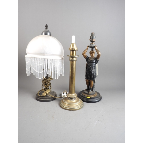 256 - A patinated and painted cast metal Roman Emperor table lamp, on circular base, 18 1/2