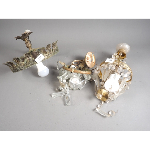 257 - Two cut glass ceiling light pendants and brass light frame