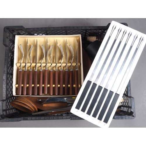 298 - A set of Stelton Denmark stainless steel fondue forks, a similar set, and a collection of teak coast... 