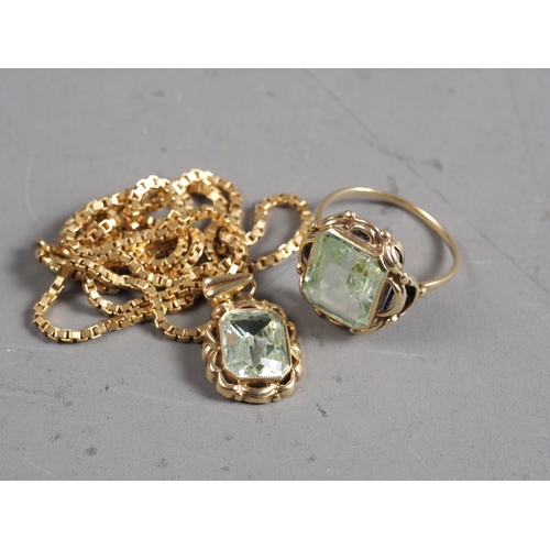 348 - A yellow metal and green quartz dress ring, size P, 4.1g, a matching pendant, 1.6g, and an 18ct gold... 