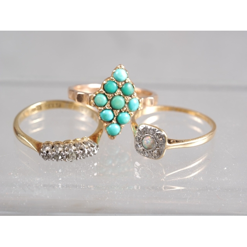 352 - An 18ct gold, platinum and diamond five-stone ring, size N, 2.4g, a yellow metal and turquoise clust... 