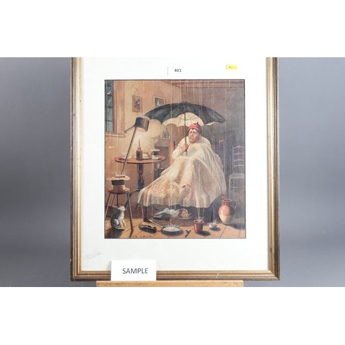 403 - A colour print, still life on canvas, in pierced gilt frame, and three other colour prints, 