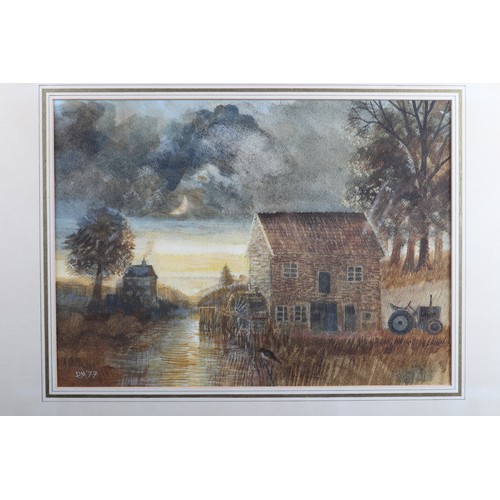 480 - PM, '77: watercolours, moonlit landscape with watermill and stream, 10 1/2