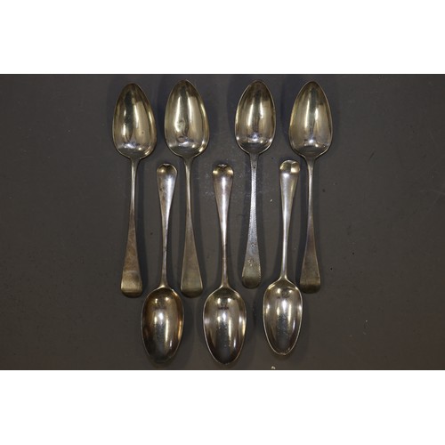 305 - A set of six Georgian silver shell bowl teaspoons with bright cut decoration, and a number of Georgi... 