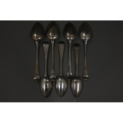 305 - A set of six Georgian silver shell bowl teaspoons with bright cut decoration, and a number of Georgi... 