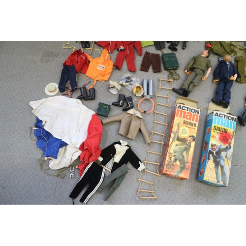 199 - Two boxed Action Man figures, two unboxed, and a collection of accessories and uniforms