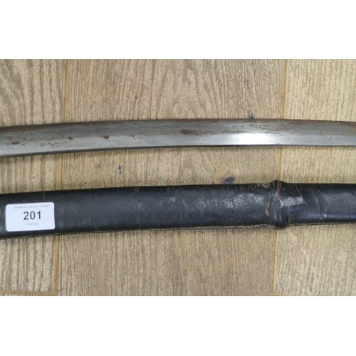 201 - A Japanese sword, in leather covered lacquered scabbard (no grip), blade 27