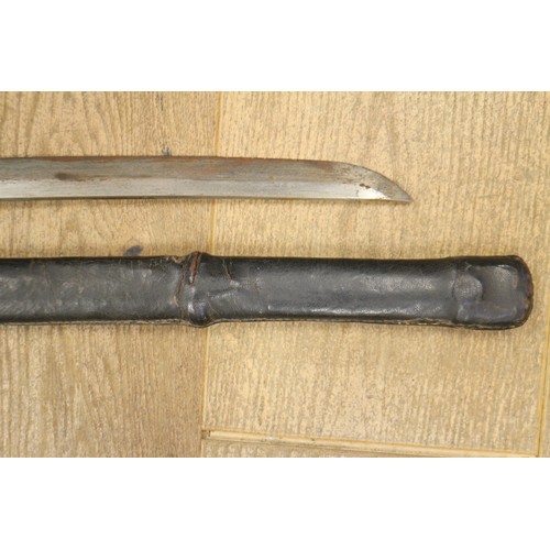 201 - A Japanese sword, in leather covered lacquered scabbard (no grip), blade 27