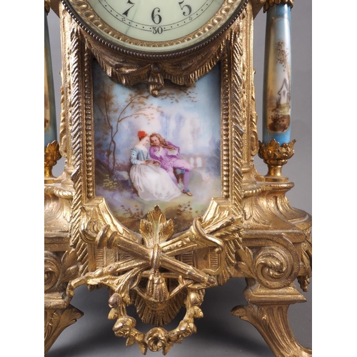 107 - A 19th century French gilt metal and porcelain panel figure decorated mantel clock, 19 1/2