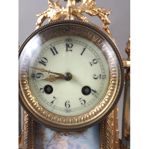 107 - A 19th century French gilt metal and porcelain panel figure decorated mantel clock, 19 1/2