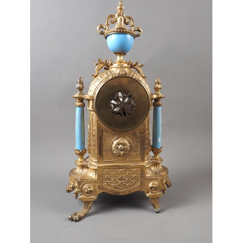 107 - A 19th century French gilt metal and porcelain panel figure decorated mantel clock, 19 1/2