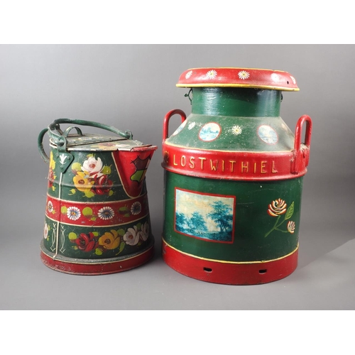 125 - A Lostwithiel Ltd bargeware milk churn with panelled landscape and floral spray decoration, 18 1/4