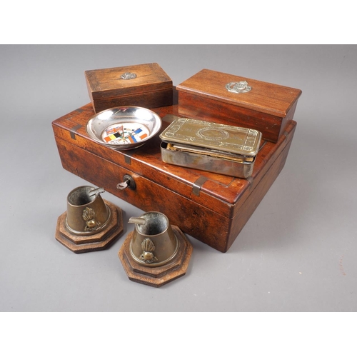 132 - A mahogany and brass box, containing a Princess Mary box and contents, two trench art ashtrays, two ... 