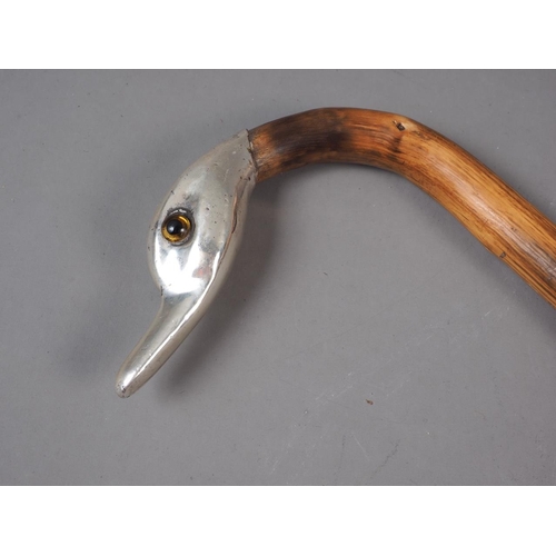 165 - A walking stick with Continental white metal handle, formed as a swan's head with glass eyes, 36