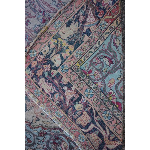 624 - A Kirkman picture rug with trees, birds and figures, on a light ground, 86