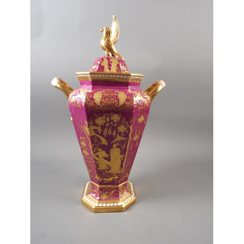 14 - A Spode bone china two-handle octagonal vase and cover with gilt chinoiserie decoration on a pale gr... 