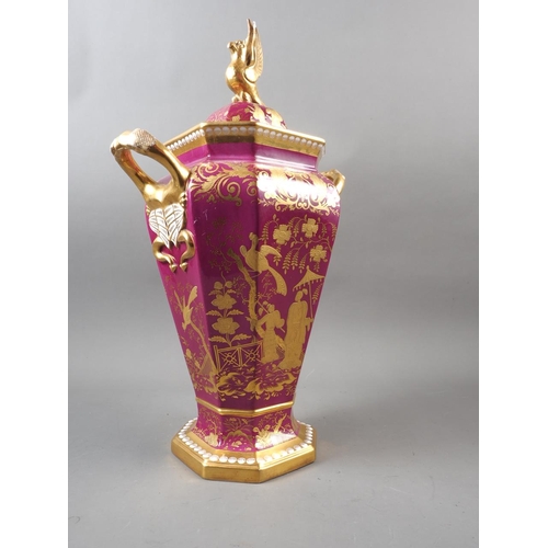 14 - A Spode bone china two-handle octagonal vase and cover with gilt chinoiserie decoration on a pale gr... 