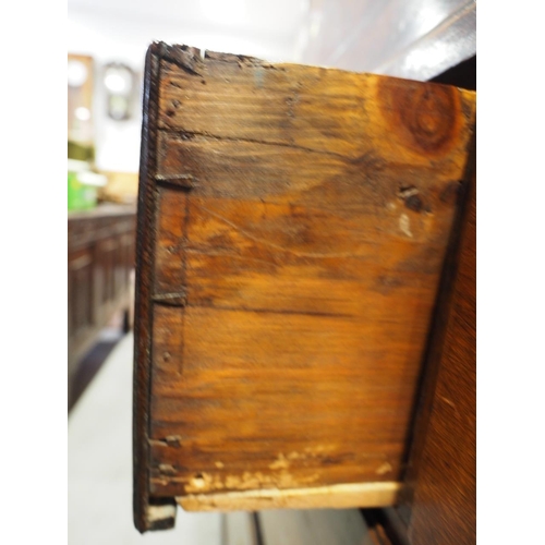 432 - An oak linen press with box and ebony strung cornice, enclosed two doors (missing internal drawers) ... 