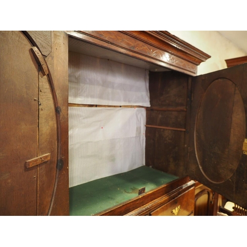 432 - An oak linen press with box and ebony strung cornice, enclosed two doors (missing internal drawers) ... 