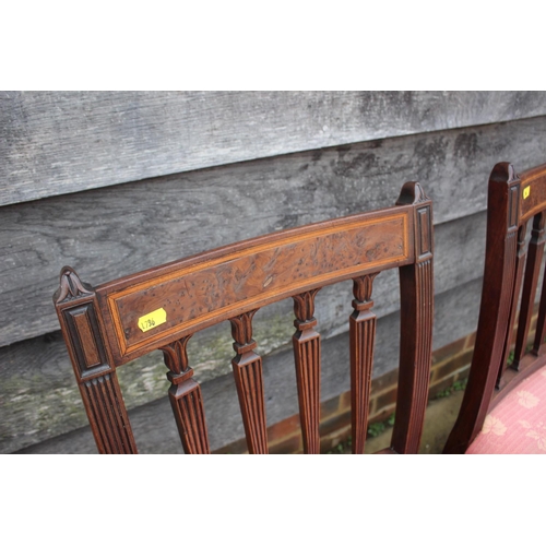 412 - A set of six Regency mahogany and line inlaid standard dining chairs with padded seats, upholstered ... 