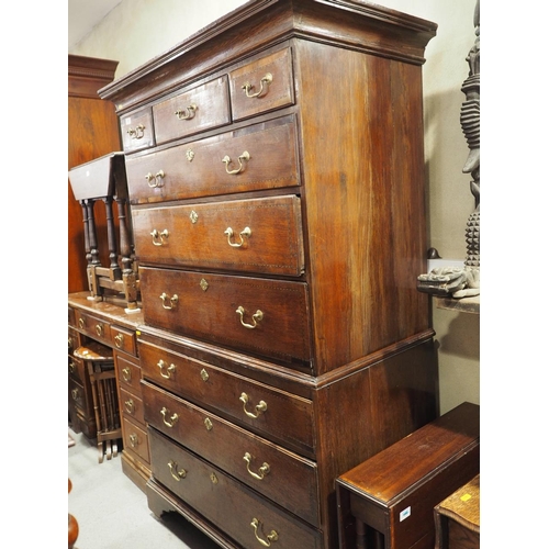 430 - An early Georgian oak, mahogany banded and box and ebony strung chest on chest, the upper section fi... 