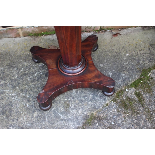 439 - A 19th century mahogany teapoy with three caddies and blending bowl (as found), on faceted column an... 