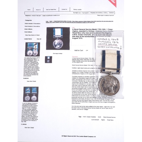 295 - A naval General Service medal 1848, awarded to Henry Smith HMS Queen Charlotte and other ships, with... 