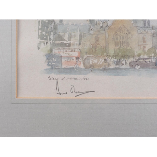 338 - Hugh Casson: a signed colour print, Palace of Westminster, in aluminium strip frame